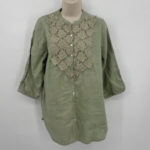 Soft Surroundings Sage Green Linen Tunic Top with Crochet Lace Bib Size M (T1)